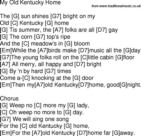 Old time song lyrics with guitar chords for My Old Kentucky Home G