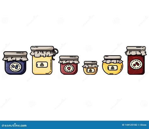 Jars Flat Icons with Jams and Honey. Preserves in a Row Stock Vector ...