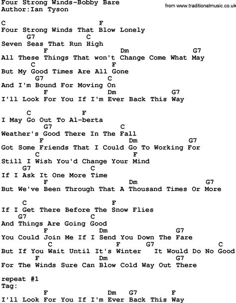 Country Music:Four Strong Winds-Bobby Bare Lyrics and Chords