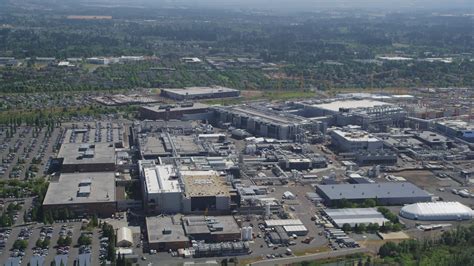 5K stock footage aerial video of approaching Intel Ronler Acres campus ...