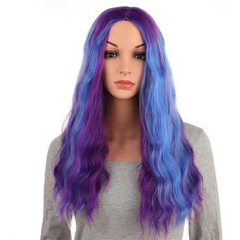 Natural Long Wavy Hair Party Wig Gradient Hair Light Blue and Purple Wavy Wig Long Synthetic ...