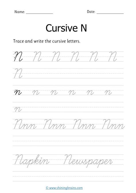 Cursive n - Free cursive writing worksheet for small and capital n practice