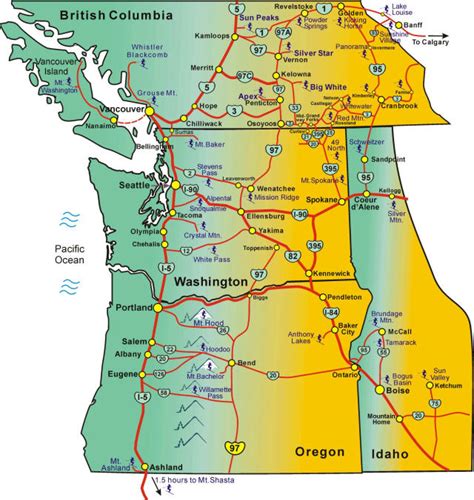 Northwest Ski Areas map including Washington, Oregon, Idaho, British ...