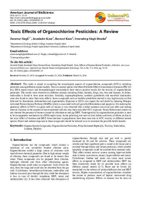 (PDF) Toxic Effects of Organochlorine Pesticides: A Review | Swarndeep Hundal - Academia.edu