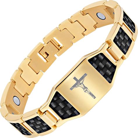 Men's Christian Jesus Crucifix Cross Titanium Magnetic Bracelet with Black Carbon Fiber by ...