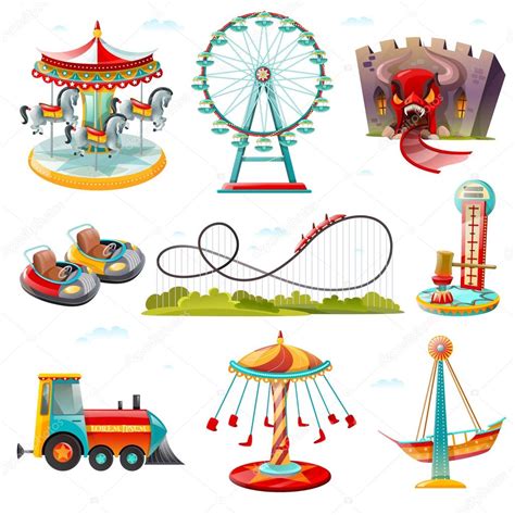 Amusement Park Attractions Flat Icons Set — Stock Vector © macrovector #123229740