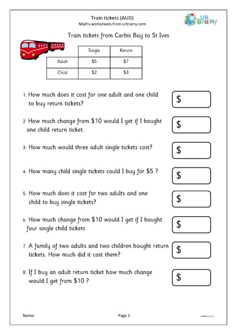 Train tickets (AUD) - Money worksheets using Australian dollars. by ...