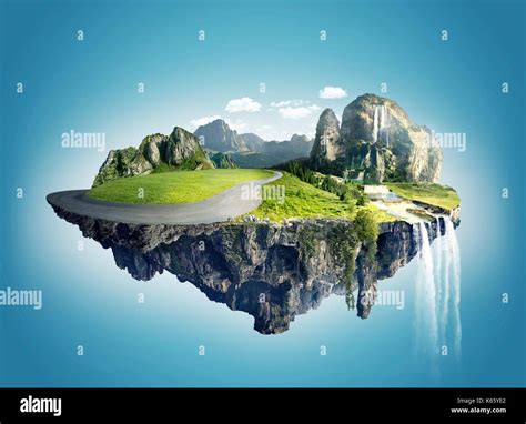 Magic island with floating islands, water fall and field Stock Photo ...