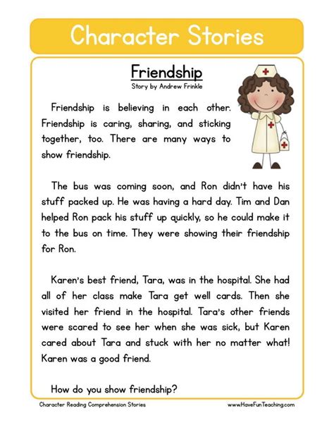 Reading Comprehension Worksheet - Friendship | Reading comprehension, Reading comprehension ...