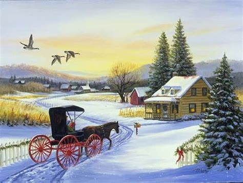 Winter Christmas, winter, horse, bird, art, treee, painting, snow ...