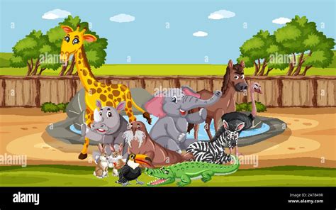 Scene with wild animals in the zoo at day time illustration Stock ...