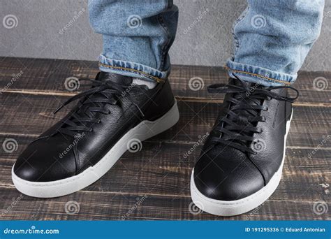 Legs in Black Mens Shoes with White Soles Stock Photo - Image of boot ...