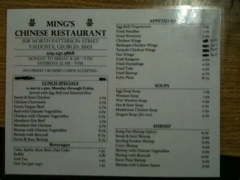 Menu at Ming's Chinese Restaurant, Valdosta