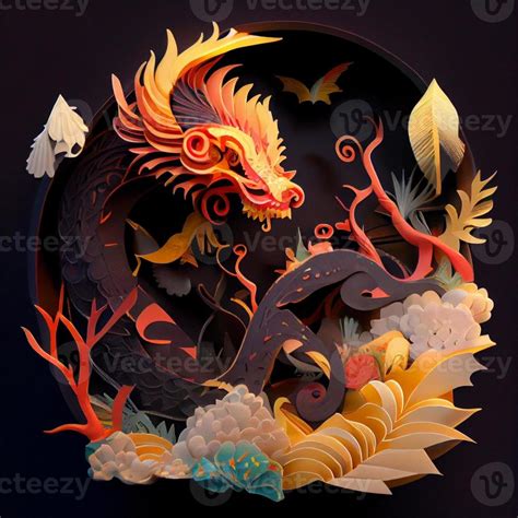 paper cut of a dragon surrounded by flowers. . 23113497 Stock Photo at Vecteezy