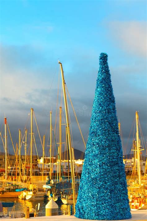 Christmas tree in the port stock image. Image of masts - 263474997