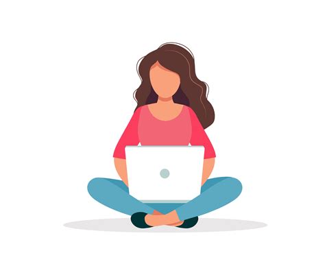 Woman with laptop sitting isolated on white background. Concept illustration for working ...