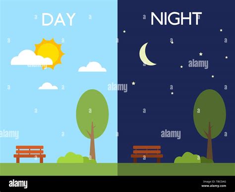 Day and night concept. Sun and moon. Tree and bench in good weather ...