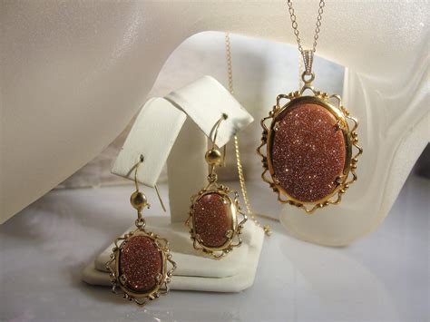 Goldstone Jewelry Set, Goldstone Necklace, Goldstone Earrings, Gold Filled Chain, 14K Earrings ...