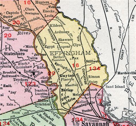 Effingham County, Georgia, 1911, Map, Rand McNally, Springfield, Guyton, Marlow