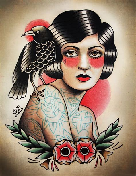 Flapper and Raven Tattoo Art Print | Traditional tattoo flash ...