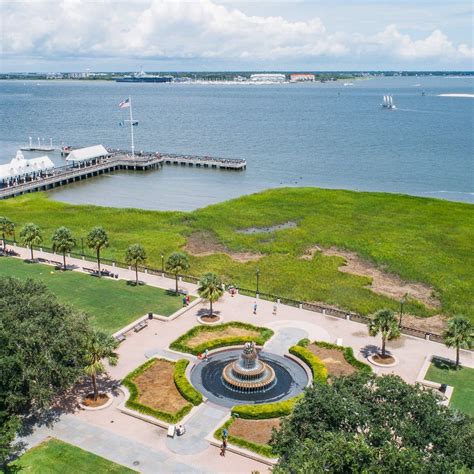 Aerial view of the Pineapple Fountain & pier @ Waterfront Park - A 12 acre park, opened in 1990 ...