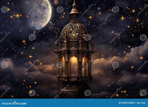 Lantern in the Night Sky with Stars and Moon Stock Illustration ...