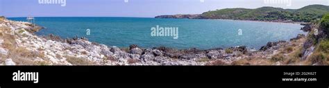 The most beautiful beaches of Apulia: San Nicola Bay near town of Peschici in Apulia, Italy. It ...