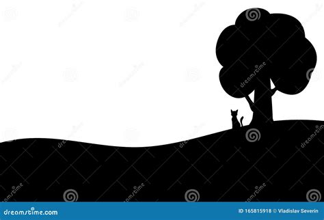 Cat Sits Near a Tree, Silhouette Art Image Stock Vector - Illustration of landscape, composition ...