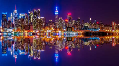 Download USA Hudson River Skyscraper Manhattan City Night Building River Reflection Man Made New ...