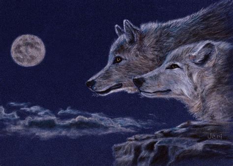 Wolves and the moon drawing with color pencil and soft pastels on blue velour paper. | Art ...