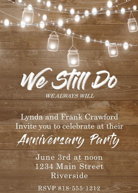 Mason Jar Lights on woodgrain Anniversary Party Invitations | Bodas de ...