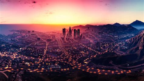 Download wallpaper 1920x1080 los santos, gta v, cityscape, sunset, game ...