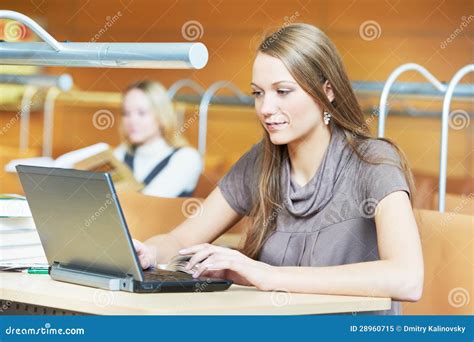 Young Student Girl Working with Laptop in Library Stock Image - Image of desk, enjoying: 28960715