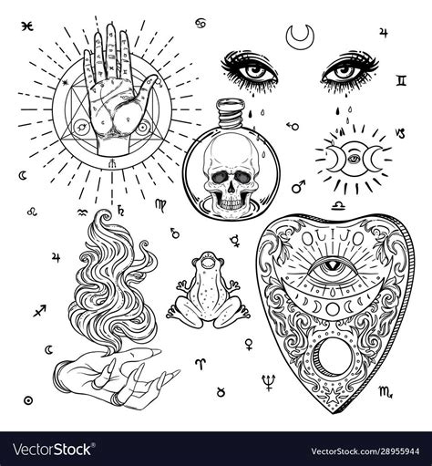 Witchcraft set of vector isolated illustrations in Victorian style ...