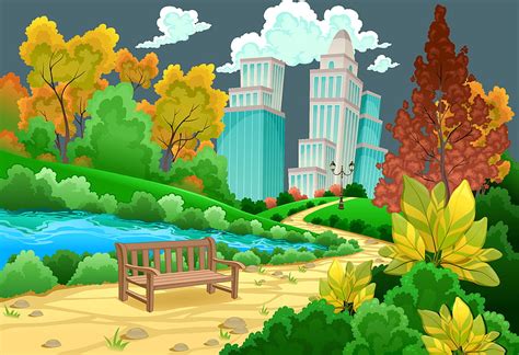 Urban Park Cartoon Vector Hand Painted Cartoon Park 2192*1500. Scenery , Background , Cartoon ...