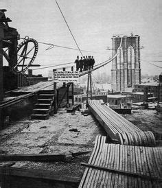 1877: A group of men pose on one of the cables on the Brooklyn Bridge ...