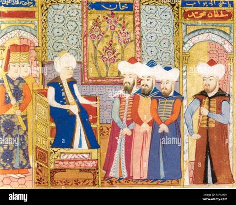 . Sultan Mehmed I with his dignitaries. Ottoman miniature painting, kept at Istanbul ...