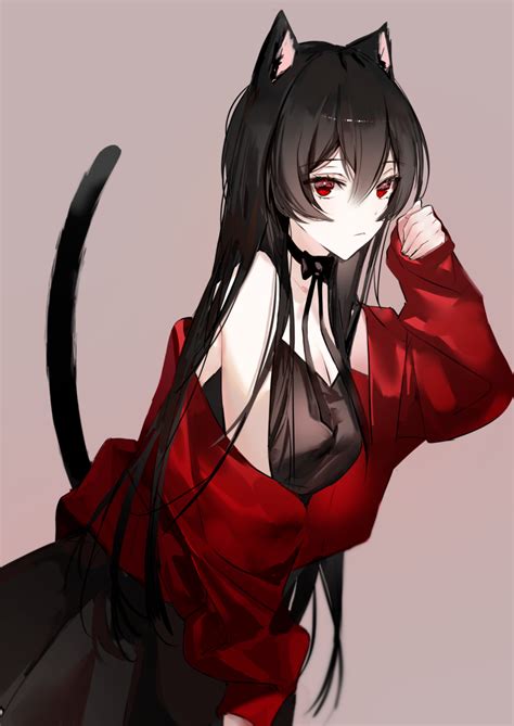 Cat Girl Anime Girls Animal Ears Tail Black Hair Red Eyes Artwork ...