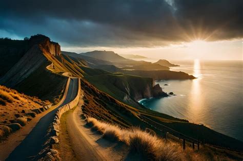 Premium AI Image | A road leads to a cliff edge with a sunset in the ...