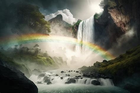 Premium AI Image | Magical waterfall with rainbow surrounded by mist and greenery