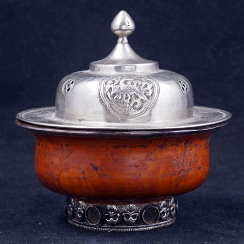 Tibetan covered wooden bowl with metal alloy top and inner lining 19th from bearraven on Ruby Lane