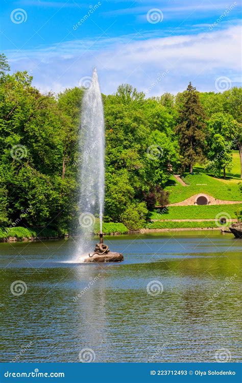 View of Lake with Snake Fountain in Sofiyivka Park in Uman, Ukraine ...