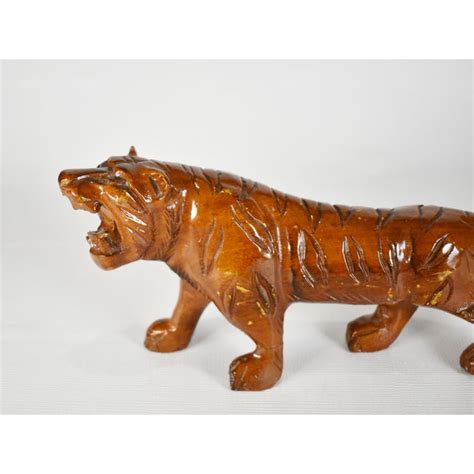 Mid 20th Century Vintage Hand Carved Solid Wood Tiger Figurine | Chairish