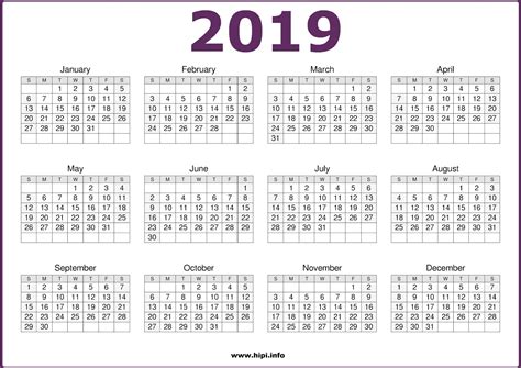 Free Printable Calendar 2019 in PDF Word Excel Template