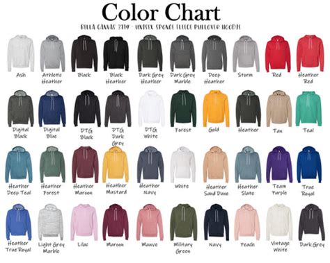 Bella + Canvas Hoodie Size & Color Chart – Jamin' T-Shirts & More