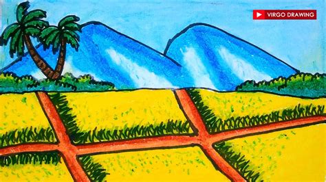 How To Draw Easy Mountain Scenery and Beautiful Rice Field Drawing With ...