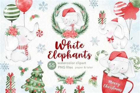 Watercolor White Elephant Christmas Clipart, Xmas Animal PNG