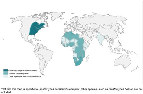 World map estimating regions most likely to have blastomycosis* based ...