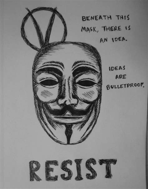 Sketch of the Guy Fawkes mask with quotes from "V for Vendetta ...