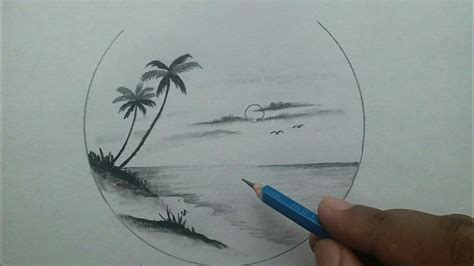 How to draw simple scenery drawing of beach step by step / pencil sketch easy - YouTube